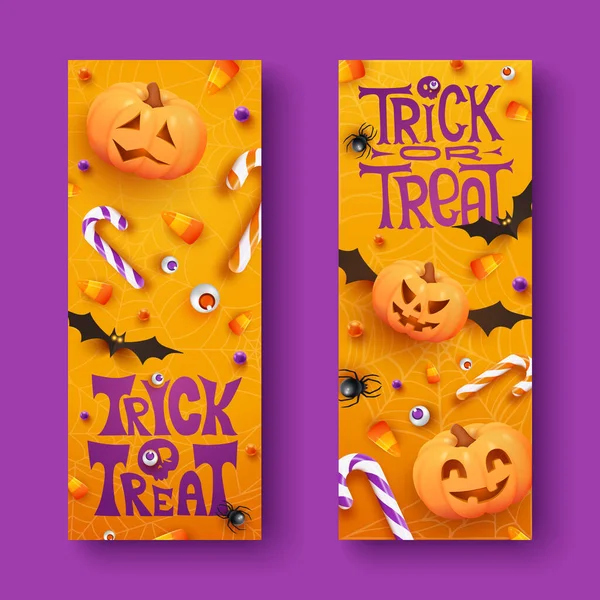 Dos Pancartas Verticales Halloween Con Caramelos Arañas Murciélagos Calabazas Sobre — Archivo Imágenes Vectoriales