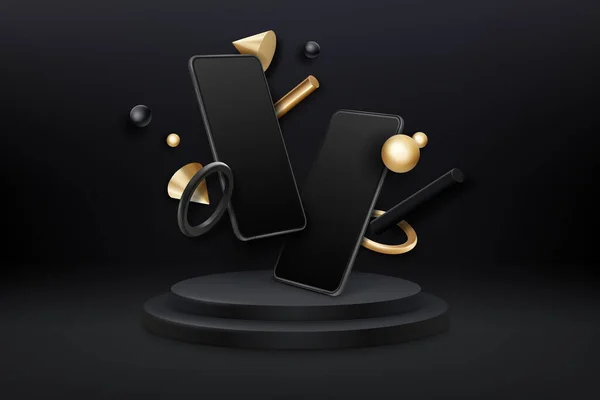 Deux Smartphones Réalistes Sombres Avec Des Figures Géométriques Sur Podium — Image vectorielle