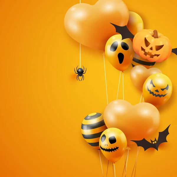 Bannière Halloween Avec Citrouilles Volantes Chauve Souris Araignée Ballons Fantômes — Image vectorielle