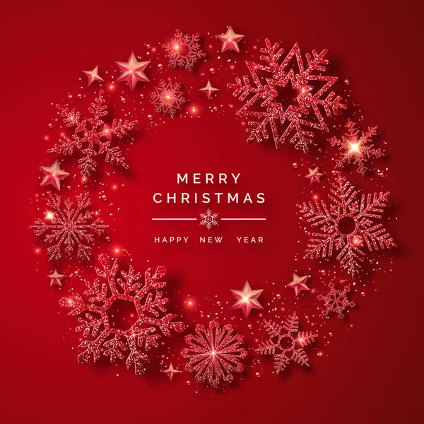 Fondo Navidad Con Brillantes Copos Nieve Rojos Nieve Feliz Navidad — Vector de stock