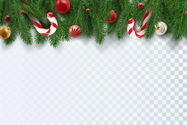 白に隔離されたクリスマスツリーの枝 キャンディーの杖とボールとの国境 現実的な外観クリスマスツリーの枝や装飾 妖精の針の庭 — ストックベクタ