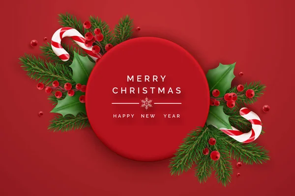 Veselé Vánoce Šťastný Nový Rok Banner Cesmínovými Bobulemi Sladkostmi Jedlovými Royalty Free Stock Ilustrace