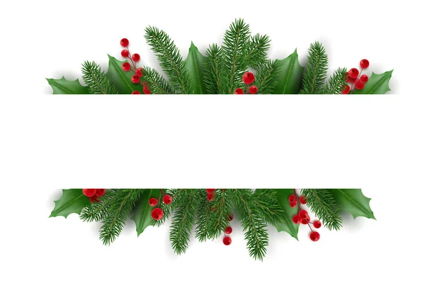 クリスマスツリーの枝とバナー ホリーベリーのクリスマスガーランド 現実的な外観クリスマスツリーの枝はベリーや葉で飾られて — ストックベクタ