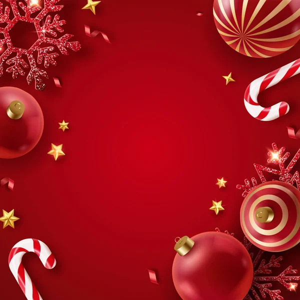 雪の結晶 キャンディーの杖とクリスマスツリーの赤いボールと現実的なクリスマスの装飾 赤の背景に新年のベクトルカード — ストックベクタ
