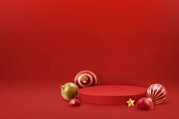 クリスマスの赤い表彰台のお祝いの装飾 クリスマスと新年の3Dシーン 赤い背景に製品表示のための表彰台 — ストックベクタ