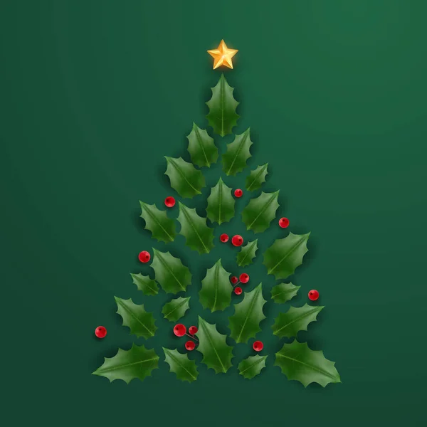 由冬青浆果叶和星星做成的圣诞树 节日背景和节日装饰 圣诞及新年海报 — 图库矢量图片
