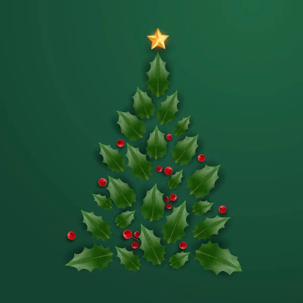 Arbre Noël Fait Feuilles Houx Avec Étoile Fond Vacances Décorations — Image vectorielle