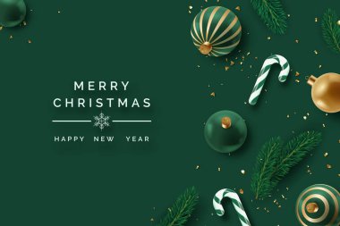 Kavurmalı, konfetili, bastonlu ve noel ağacı toplu gerçekçi bir Noel dekoru. Koyu yeşil arkaplanda yeni yıl vektör kartı