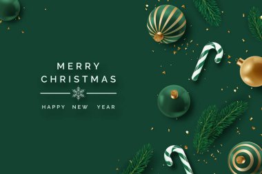 Realistic Christmas decor with firs, confetti, candy canes and christmas tree balls. New year vector card on dark green background clipart