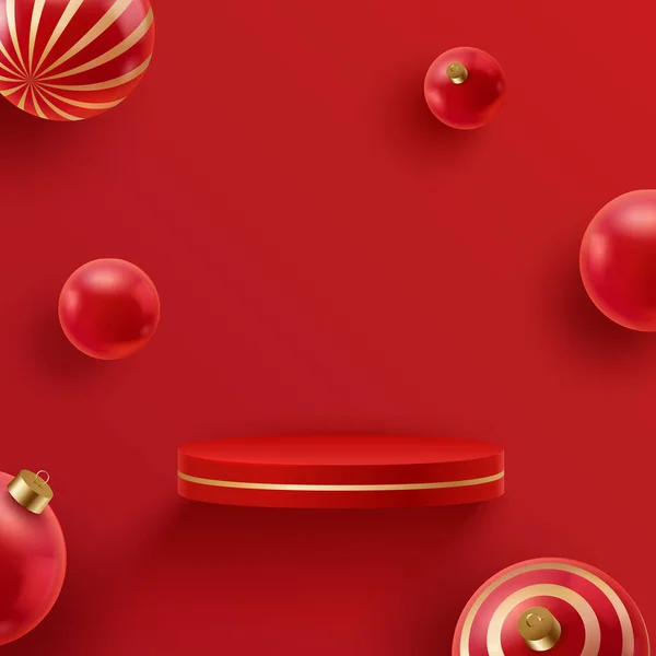 クリスマスの赤い空飛ぶ表彰台お祝いの装飾 クリスマスと新年の3Dシーン 赤い背景に製品表示のための表彰台 — ストックベクタ