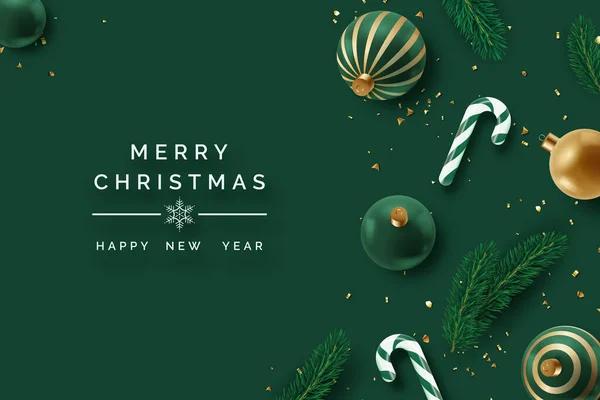 Kavurmalı, konfetili, bastonlu ve noel ağacı toplu gerçekçi bir Noel dekoru. Koyu yeşil arkaplanda yeni yıl vektör kartı