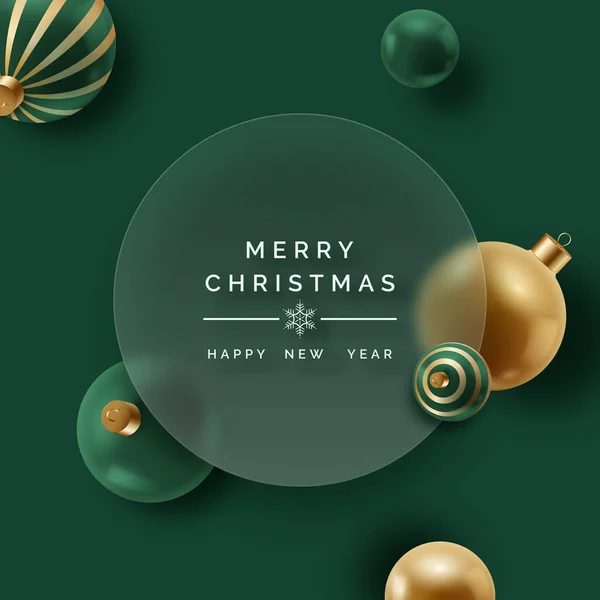 Realistisches Weihnachtsdekor Mit Weihnachtskugeln Auf Dunkelgrünem Hintergrund Weihnachtskonzept Mit Glassmorphismus — Stockvektor