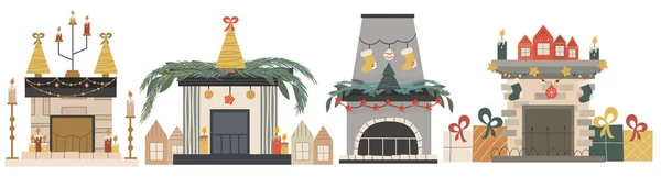 Caminetto scandinavo natalizio con abete isolato e candele incastonate. Festive accogliente focolare con decorazioni di Natale.Illustrazione vettoriale in stile piatto. Accogliente stagione delle vacanze invernali — Vettoriale Stock