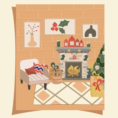 Noel ağacı, şömine ve kartpostalında İskandinav tarzı koltuğu olan rahat bir Noel salonu. Yeni yıl süslemeleri, çelenkler, çoraplar ve hediyeler. Düz stil vektör illüstrasyonu