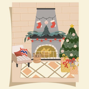 Noel ağacı, şömine ve kartpostalında İskandinav tarzı koltuğu olan rahat bir Noel salonu. Yeni yıl süslemeleri, çelenkler, çoraplar ve hediyeler. Düz stil vektör illüstrasyonu