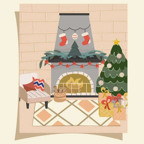 Cozy Christmas living room with Christmas tree, fireplace and Scandinavian style armchair on a postcard or poster. New Years decorations, garlands, socks and gifts.Vector illustration in flat style — Stock Vector