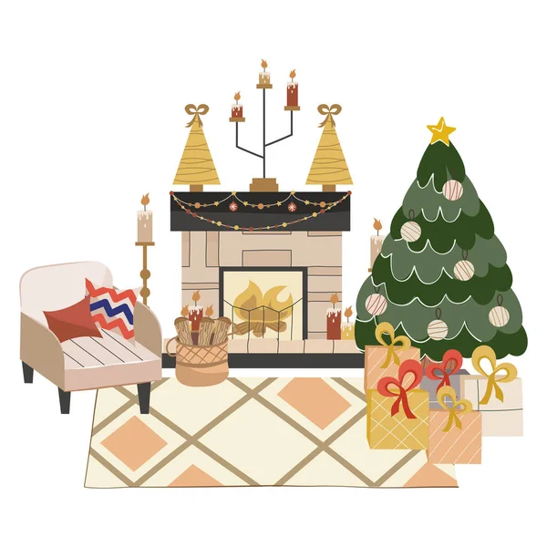 Isolato scandinavo interno natalizio con camino, albero di Natale.Accogliente poltrona con cuscini e legnaia per le serate invernali. Tappeto e regali sotto l'albero. Illustrazione vettoriale — Vettoriale Stock