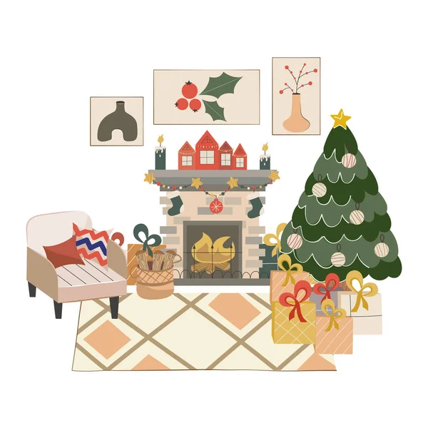 Ізольований скандинавський різдвяний інтер'єр з камін, різдвяне крісло Cozy з подушками і деревом для зимових вечорів. Килим, картини і подарунки під деревом. Приклад вектора — стоковий вектор