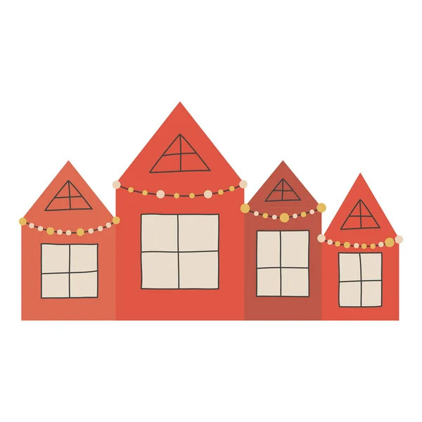 Рождественские украшения красные дома с гирляндами изолированы на белом фоне. Векторная иллюстрация в плоском ручном стиле. Рождественское украшение с окнами — стоковый вектор