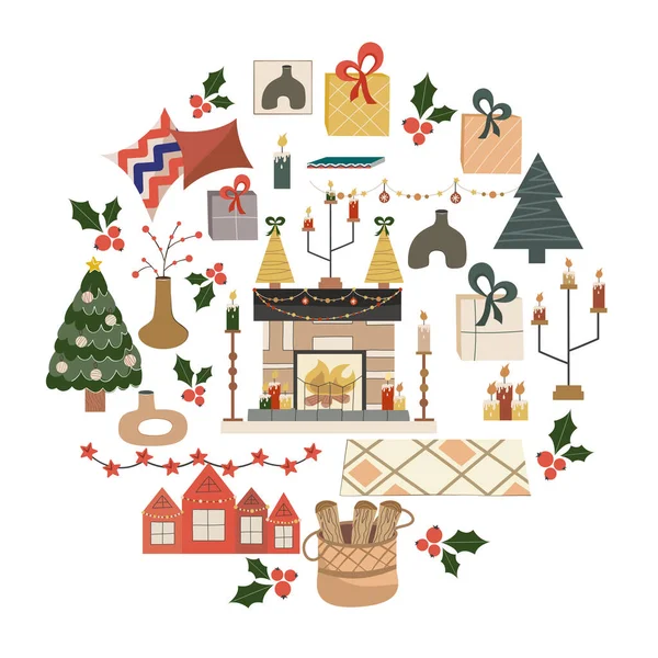 Design circolare natalizio isolato su sfondo bianco, camino con fuoco al centro.Camino con regali, candele e ghirlanda. Illustrazione vettoriale per cartoline o decorazioni natalizie — Vettoriale Stock