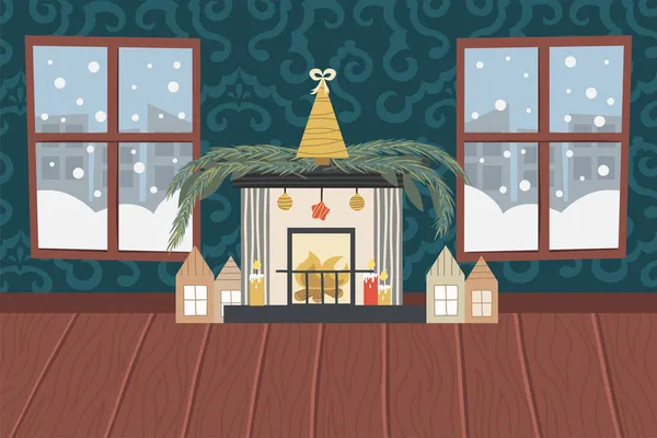 Різдвяна вітальня з каміном, дерев'яна підлога, візерункові шпалери та засніжені вікна. Векторна ілюстрація для святкового інтер'єру — стоковий вектор