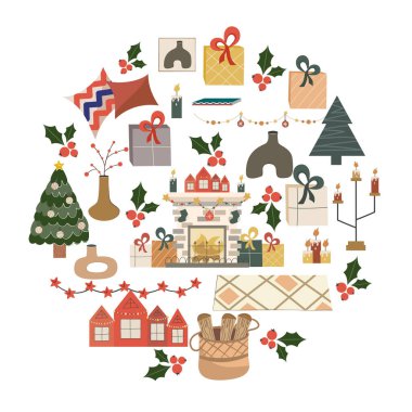 Beyaz arka planda izole edilmiş Noel dairesel tasarımı, merkezinde ateş olan şömine. Evleri, hediyeleri, mumları ve çelenkleri olan şömine. Kartpostal veya tatil dekorasyonu için vektör illüstrasyonu