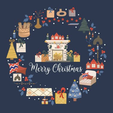 Karanlık arka planda izole edilmiş Noel dairesel tasarımı. Ortasında mutlu noeller yazılı bir şömine var. Şöminede ateş ve kar taneleri var. Kartpostal veya tatil dekorasyonu için vektör illüstrasyonu