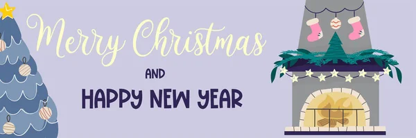 Julebanner med tekst "God Jul" og peis med blå spruce.Lys tekst på lilla bakgrunn, peis med ild, tre, sokker. Vektorillustrasjon av festlig vertikal banner – stockvektor