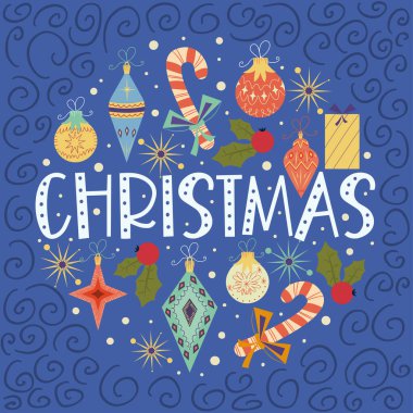 Yılbaşı temalı klasik tasarım. Dekorasyonlar, balolar, hediyeler için retro renkler, Holly. Yuvarlak kaplama kompozisyonu, kar taneleri, düz kıvrımlı. Vektör illüstrasyonu