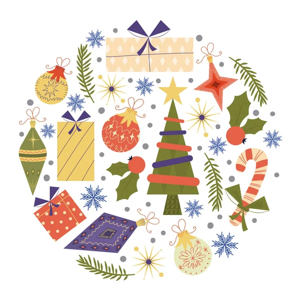 Різдвяний круглий старовинний дизайн ізольований на білому тлі. Ретро кольори для різдвяних прикрас, кульок, дерев, подарунків. Кругла обкладинка композиції зі сніжинками в рівному стилі. Векторні ілюстрації — стоковий вектор