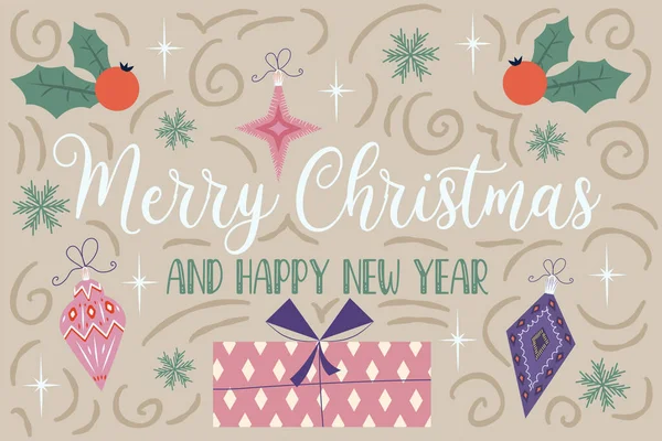 Kerst achtergrond retro banner met tekst vrolijk Kerstmis en geschenken met krullen.Cover met sterren, sneeuwvlokken, speelgoed en hulst. Feestelijke felicitaties. Vectorillustratie. — Stockvector