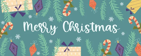 Kerst achtergrond retro banner met tekst vrolijk Kerstmis en geschenken, speelgoed, sparren takken.Dek af met sneeuwvlokken, speelgoed. Feestelijke felicitaties. Vectorillustratie. — Stockvector