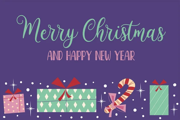 Kerst achtergrond retro banner met tekst vrolijk kerstfeest en geschenken. Paarse cover met sterren, sneeuwvlokken, lint dozen en suikerriet. Feestelijke felicitaties. Vectorillustratie. — Stockvector