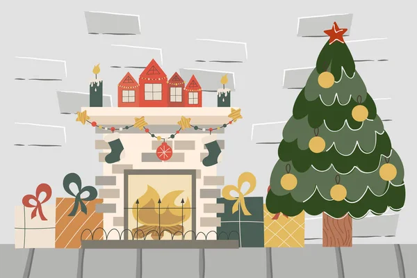 Jul tegelloft med öppen spis och träd.Dekorerade bollar gran, öppen spis med ljus och presenter. Vektor illustration av en festlig interiör. — Stock vektor