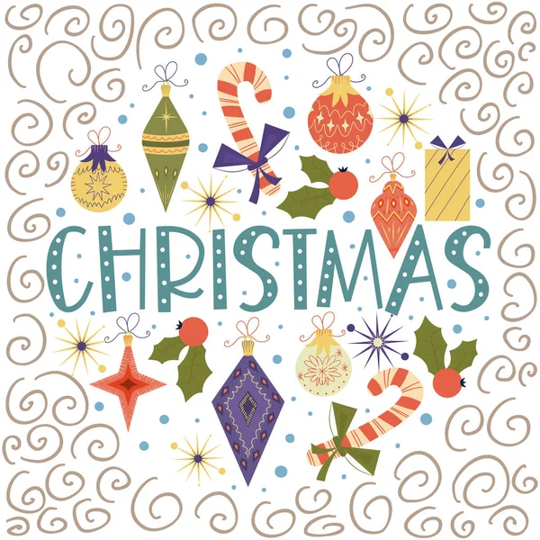 Kerstmis ronde vintage design met kerst tekst.Retro kleuren voor decoraties, ballen, geschenken, hulst. Ronde hoes compositie met sneeuwvlokken, krullen in vlakke stijl. Vectorillustratie. — Stockvector