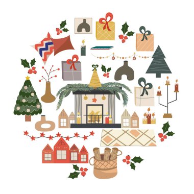 Beyaz arka planda izole edilmiş Noel dairesel tasarımı, merkezinde ateş olan şömine. Evleri, Noel ağacı ve çelenkleri olan şömine. Kartpostal veya tatil dekorasyonu için vektör illüstrasyonu