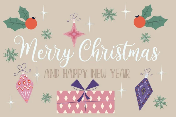 Kerst achtergrond retro banner met tekst vrolijk Kerstmis en geschenken. Bedek met sterren, sneeuwvlokken, speelgoed en hulst. Feestelijke felicitaties. Vectorillustratie. — Stockvector