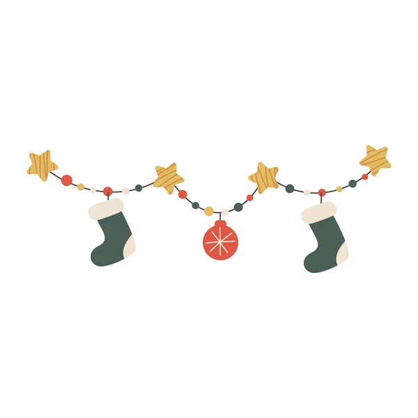 Різдвяна гірлянда з кульками, шкарпетками та зірками в плоскому намальованому стилі ізольована на білому тлі. Векторні ілюстрації. Декорування на Різдво . — стоковий вектор
