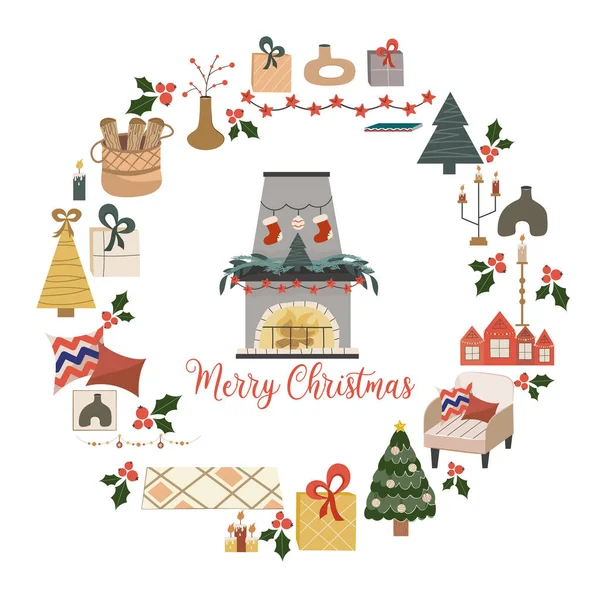 Design circolare natalizio isolato su sfondo bianco, al centro si trova il camino con il testo Buon Natale.Camino con fuoco, albero e ghirlanda. Illustrazione vettoriale per cartoline o decorazioni natalizie — Vettoriale Stock