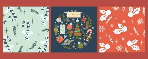 Uppsättning av jul vintage omslag för gratulationer.Mall med klubba, järnek, leksaker och presenter. Vektorillustration — Stock vektor