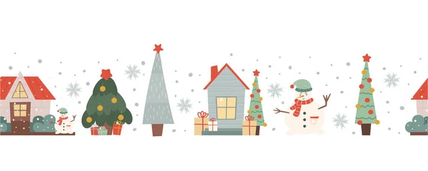 Confine senza cuciture invernali con case, alberi di Natale e un pupazzo di neve. Modello senza cuciture di Natale. Illustrazione vettoriale in stile piatto — Vettoriale Stock