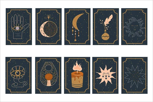 Astrologie mystique mis cartes magiques sur fond étoilé objets ésotériques et symboles.Moon et soleil, talismans, amulettes et une main pour la clairvoyance de l'avenir. Illustration vectorielle dans un style plat. — Image vectorielle