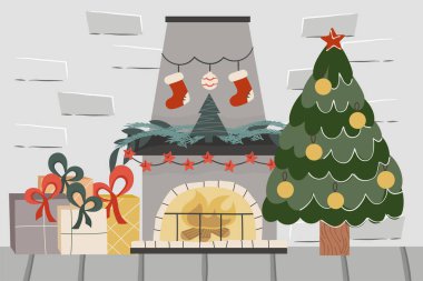 Şömineli ve ağaçlı bir Noel tuğlası. Süslü balolar ladin, mumlu şömine ve hediyeler. Festivalsel bir iç mekanın vektör illüstrasyonu.