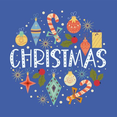 Noel 'de yazılmış klasik tasarım. Dekorasyonlar, balolar, hediyeler için retro renkler, Holly. Yuvarlak kaplamalı ve düz kar taneleri olan bir kompozisyon. Vektör illüstrasyonu.