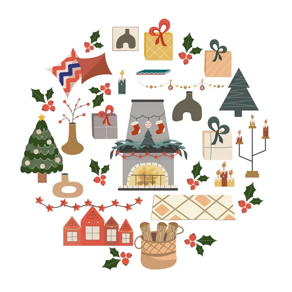 Рождественский круглый дизайн изолированы на белом фоне, камин с огнем в центре. Камин с носками, елка и гирлянда. Векторная иллюстрация для открытки или праздничного декора — стоковый вектор