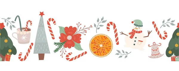 Зимова безшовна облямівка з цукерками, ялинками та сніговиком, апельсиновою та новорічною квіткою. Різдвяний безшовний візерунок. Векторні ілюстрації в плоскому стилі — стоковий вектор