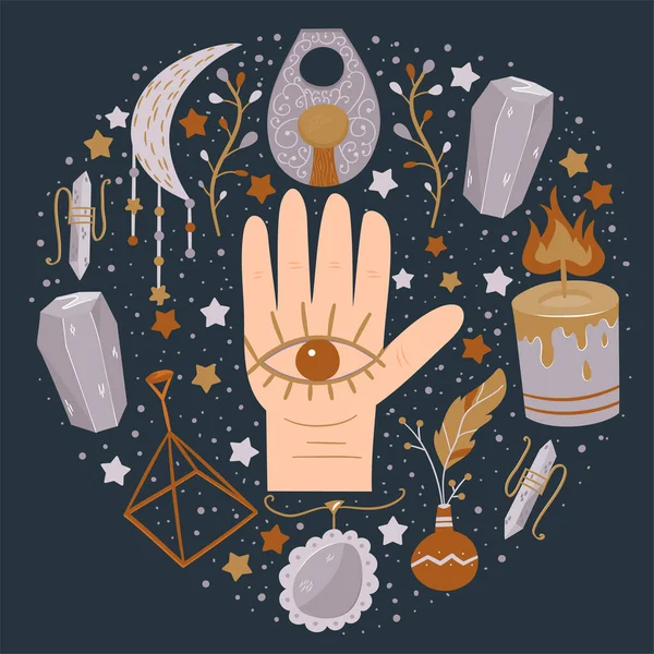 Bougies, cristaux, talismans pour la sorcellerie et la lecture des personnes endeuillées. Ensemble d'objets occultes et clairvoyants. Illustration vectorielle en style plat — Image vectorielle