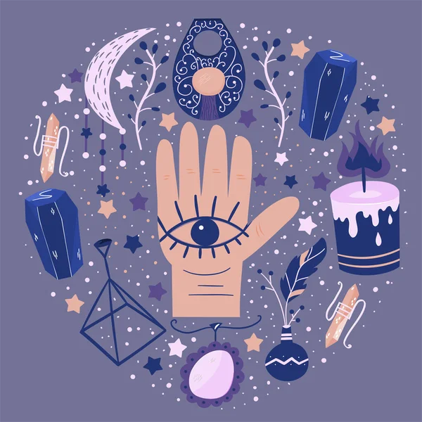 Circular esoteric design with all-seeing eye, amulets.Candles, crystals, talismans for witchcraft and reading of bereaved. Occult and clairvoyance set of objects. Vector illustration in flat style. — Stock Vector