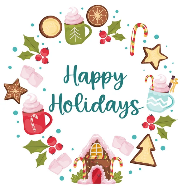 Kerst rond ontwerp met tekst gelukkige feestdagen, peperkoek huis. Ontbijtkoekje, cacao met marshmallow en lolly voor vakantiedecoraties. Vectorillustratie — Stockvector