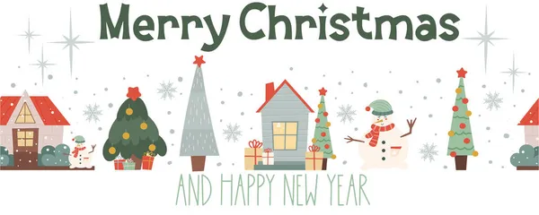 Kerstmis naadloze rand op een witte achtergrond met de tekst vrolijk kerstfeest. Banner met tekst en bomen, sneeuwpop, huis en geschenken voor feestelijke inrichting. Vector illustratie in platte stijl. — Stockvector